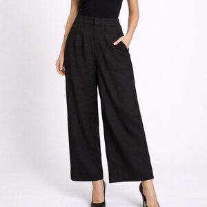 Black Wide Leg Pants High Rise Pleated Elastic - Back NWOT - Linen Blend Size L